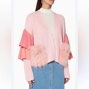 IZAAK AZANEI Open-Front Ruffle Cardigan with Faux Fur Pockets Altered?